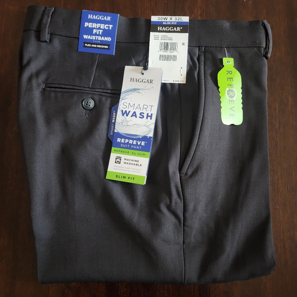 NWT 30x32 Haggar Slim Fit Smart Wash Flex Dark Grey Flat Front Suit Pants